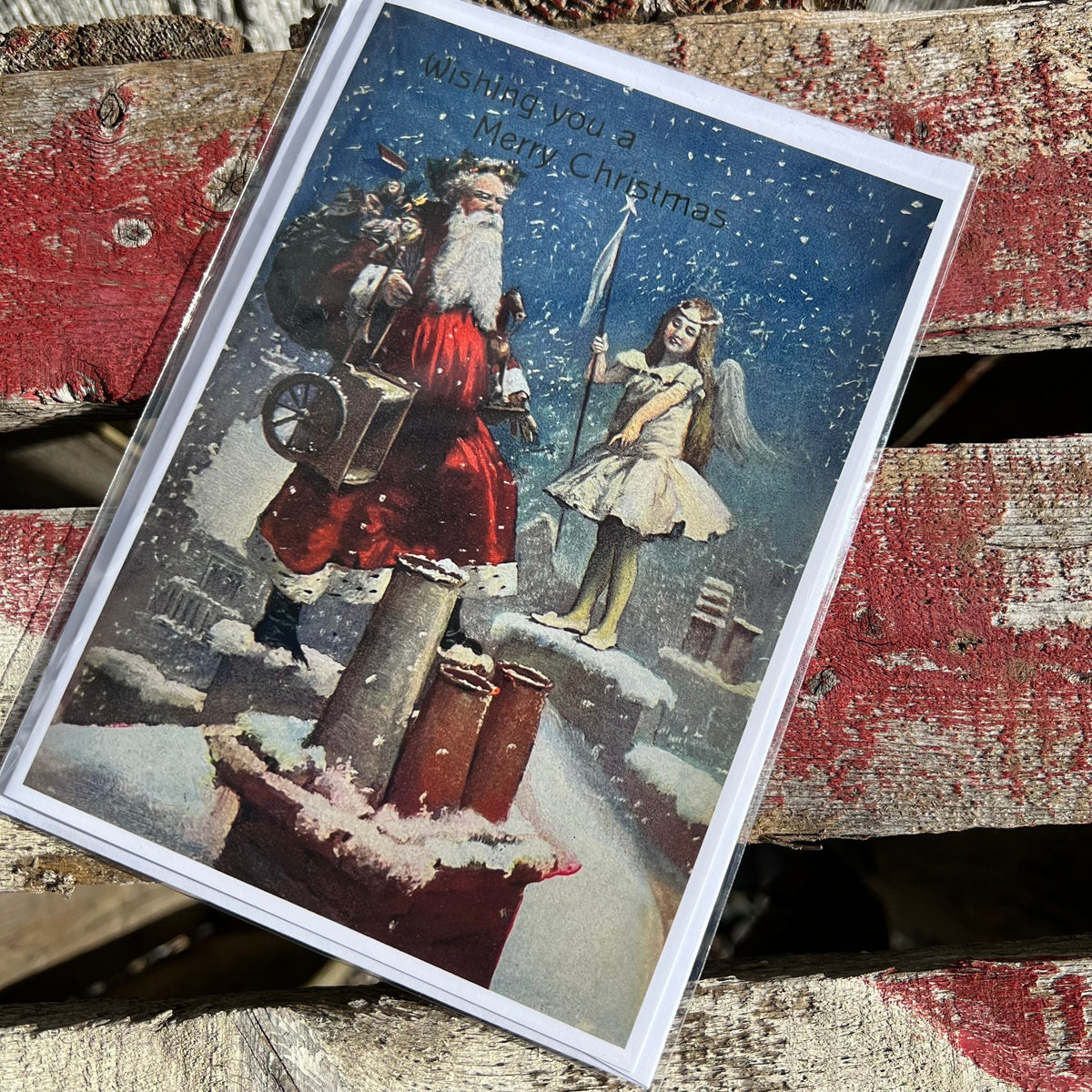 Holiday Greeting Card - “Wishing You a Merry Christmas - Rooftop Santa” - Victoriana Collection