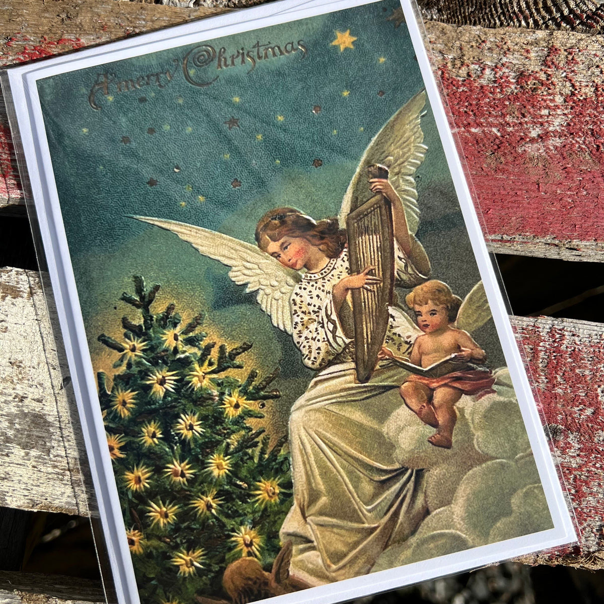 Holiday Greeting Card - “A Merry Christmas - Angel Harp” - Victoriana Collection