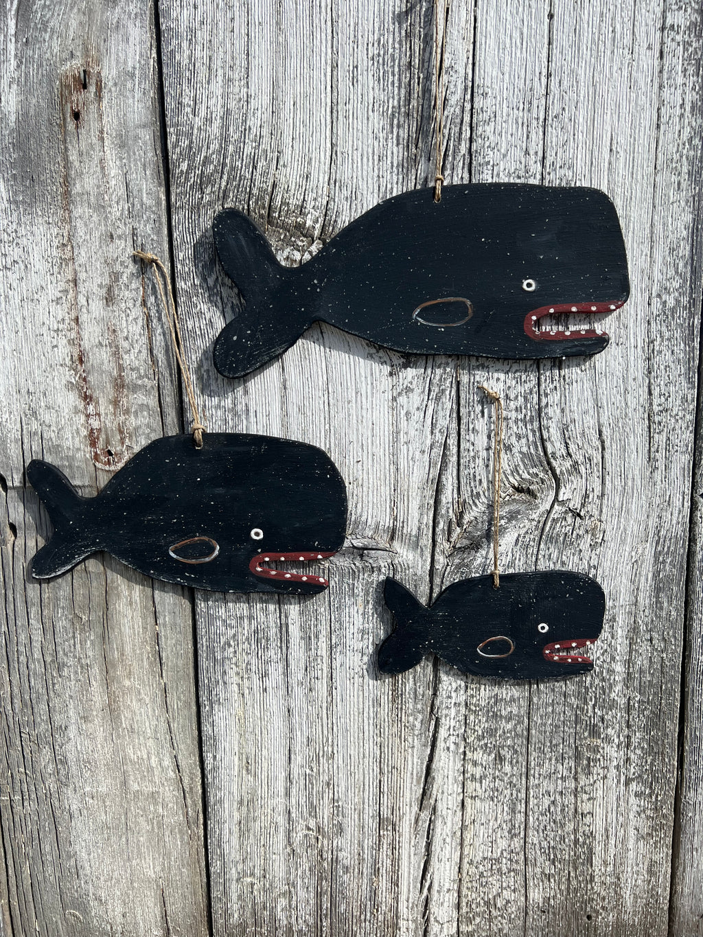 Folk Art Wooden Whale Trio - Original Painted and Signed Ornaments by Melinda