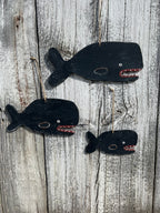 Folk Art Wooden Whale Trio - Original Painted and Signed Ornaments by Melinda