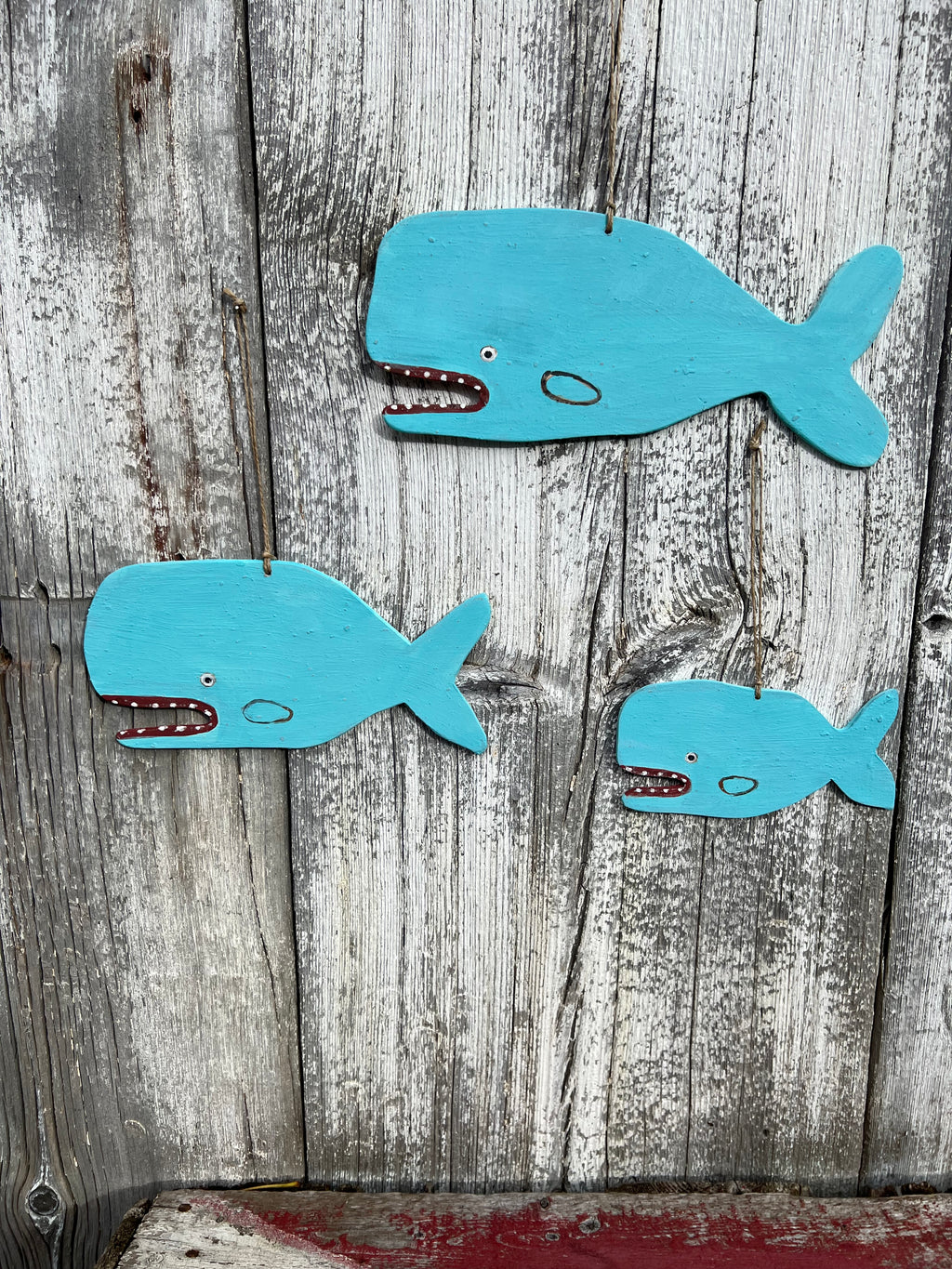 Folk Art Wooden Whale Trio - Original Painted and Signed Ornaments by Melinda