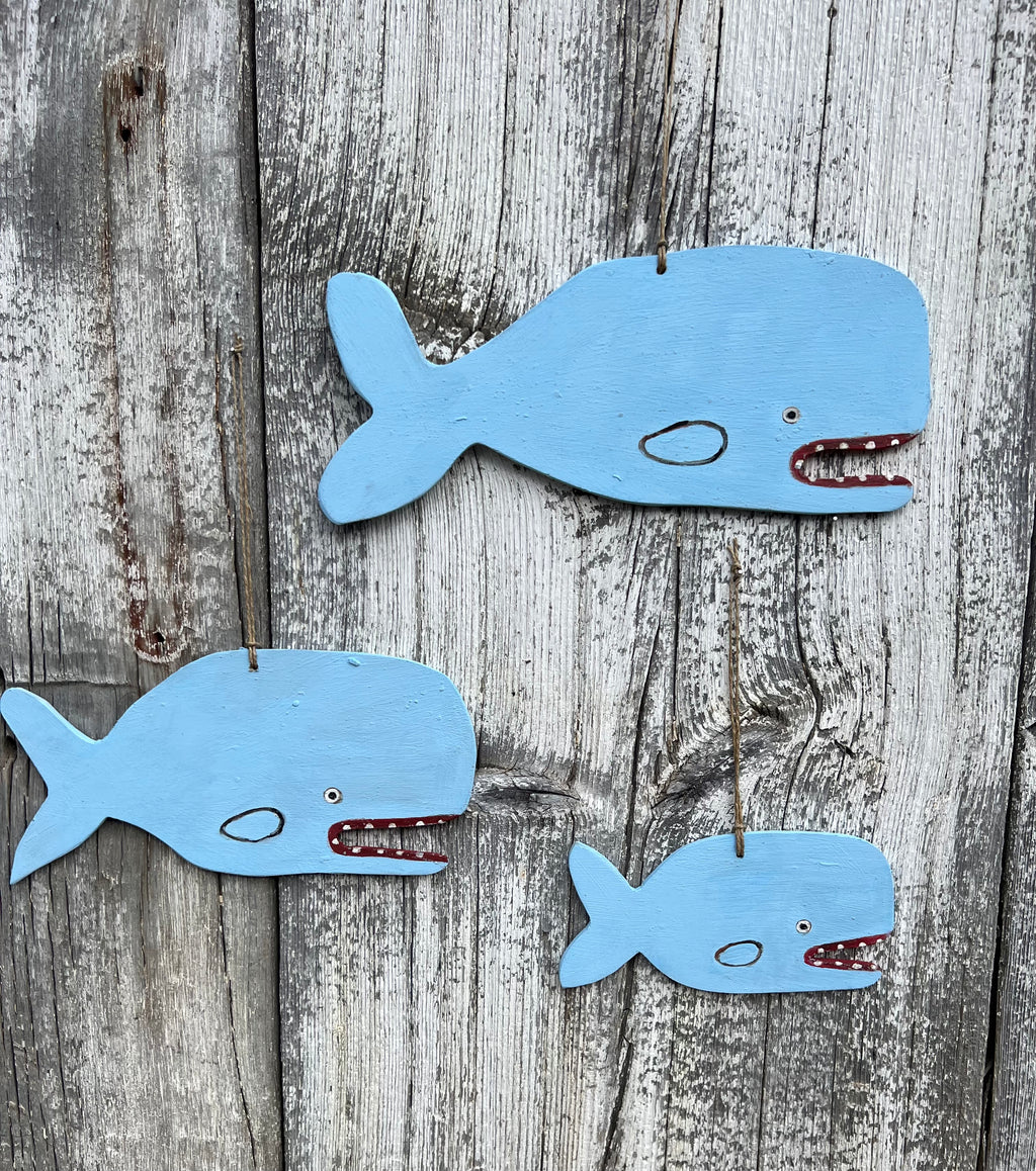 Folk Art Wooden Whale Trio - Original Painted and Signed Ornaments by Melinda