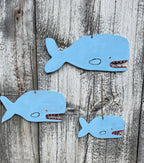 Folk Art Wooden Whale Trio - Original Painted and Signed Ornaments by Melinda