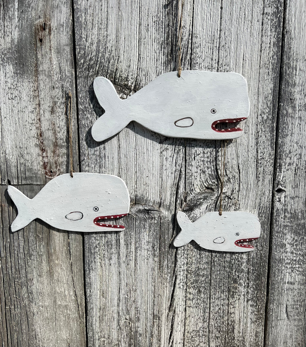 Folk Art Wooden Whale Trio - Original Painted and Signed Ornaments by Melinda