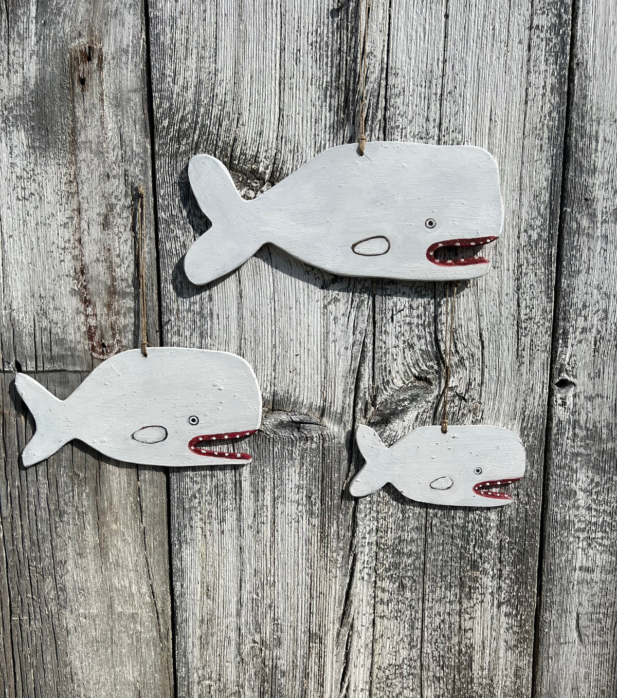 Folk Art Wooden Whale Trio - Original Painted and Signed Ornaments by Melinda